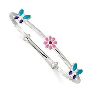 925 Sterling Silver Pink Flower & Blue Butterfly Adj. Children's Bangle Bracelet